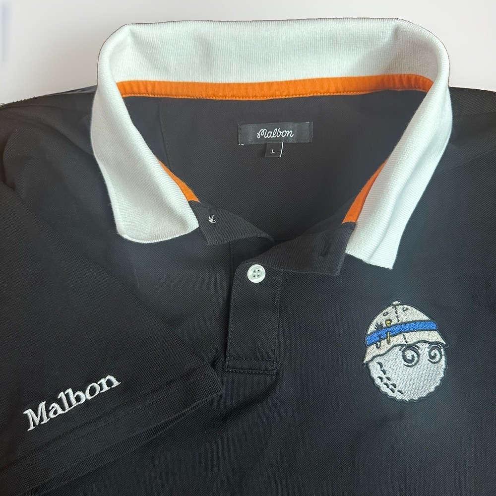 Malbon Golf Polo Shirt Mens Large Black Fishing Buckets Ball Logo White Collar